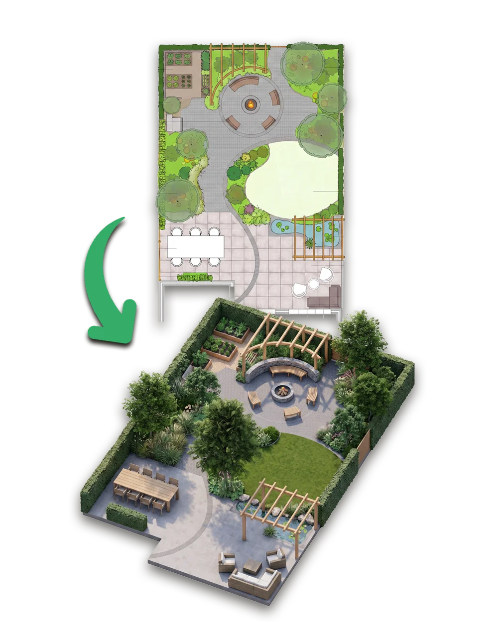 Een tuintekening die met TuinRender is omgezet naar een 3D-visualisatie