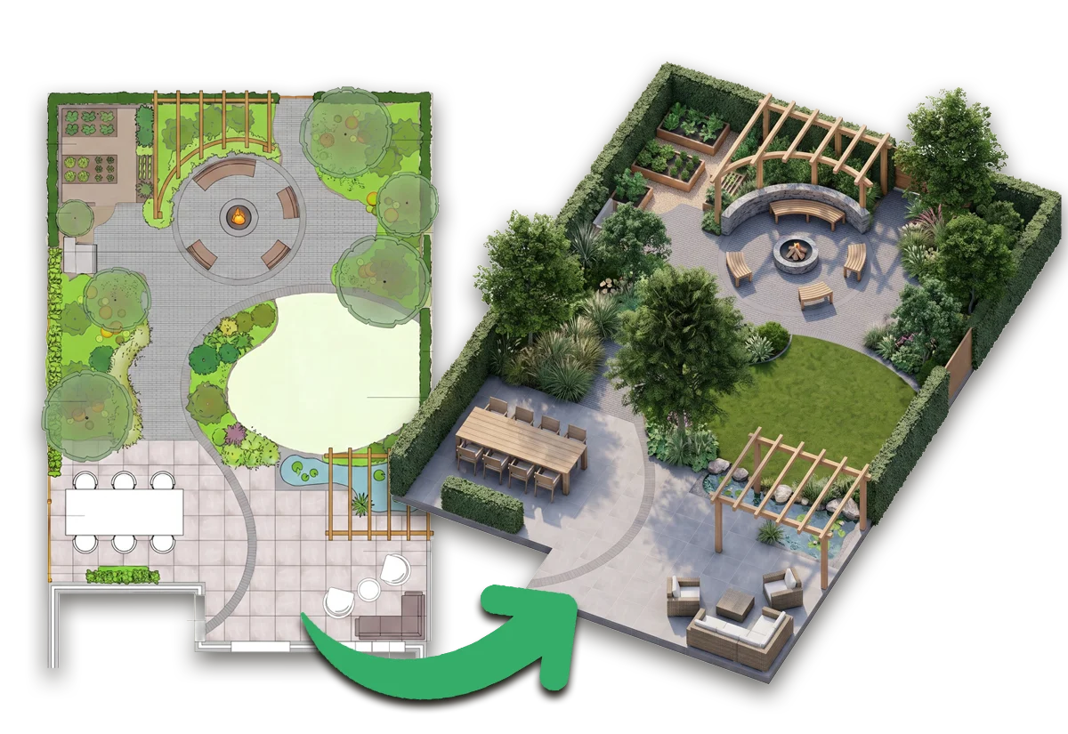 Een 2D-tuintekening naast de fotorealistische 3D-render die TuinRender ervan maakt